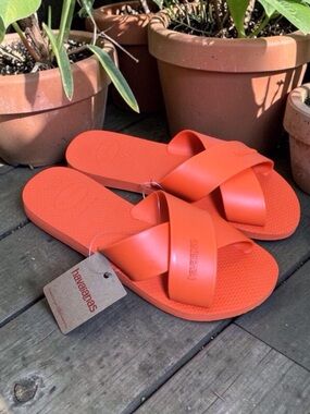 Havaianas Aqua Slide Sandals Sunset Orange Cross Strap Rubber US 7-8 NWT